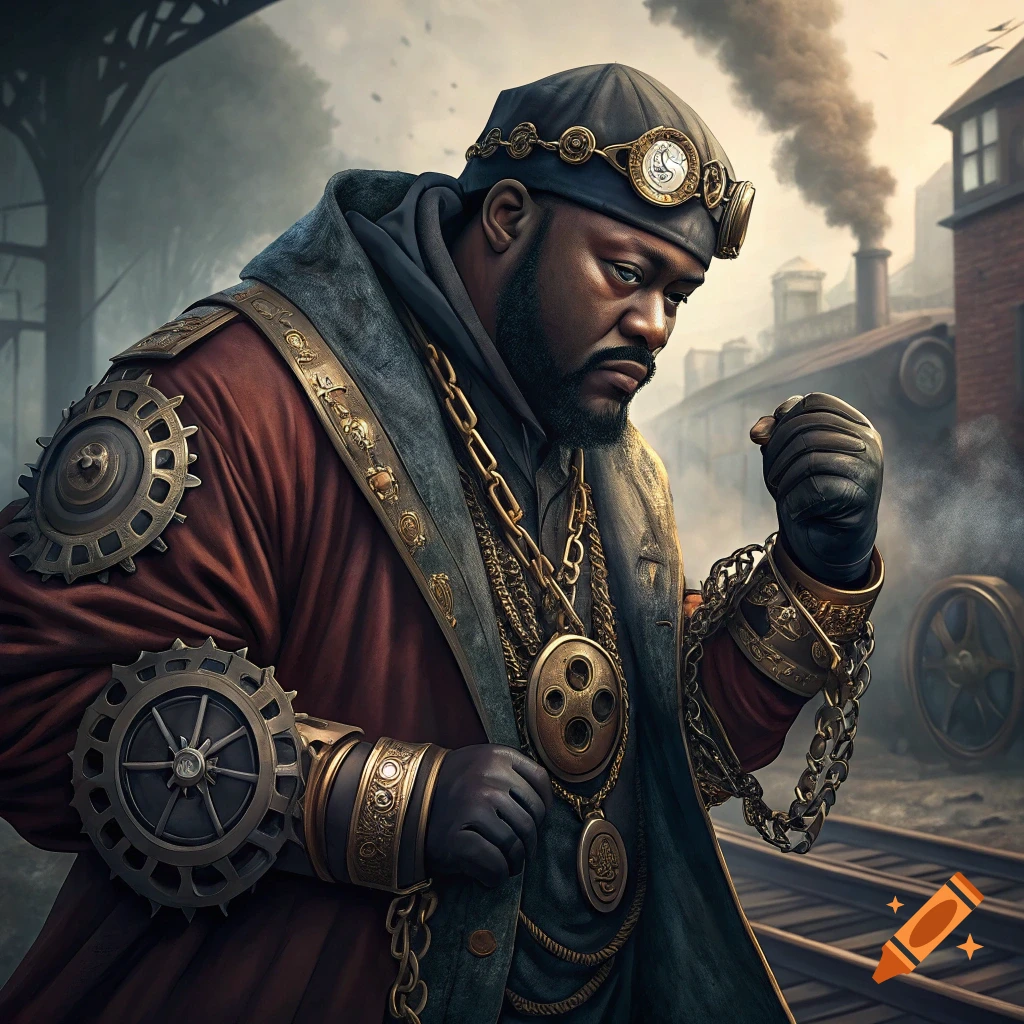 Steampunk man with beard and cap wearing elaborate gears and chains in a train station.