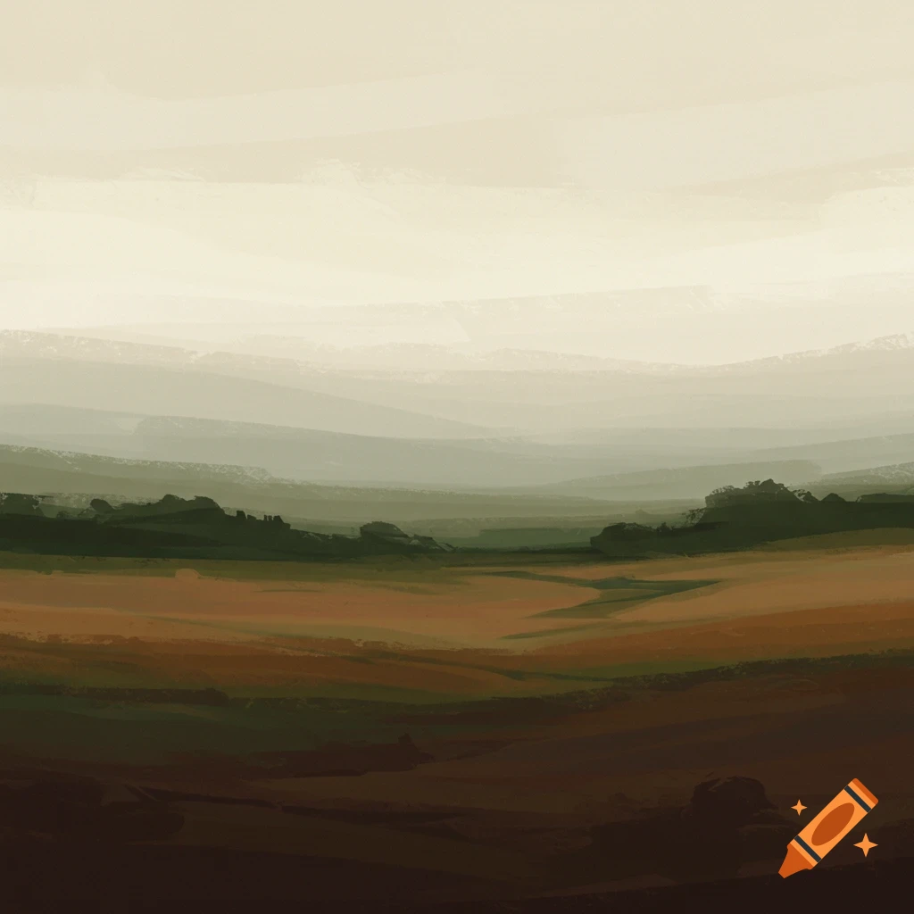 A hazy landscape with muted earthy tones, showing fields and hills under a light sky.