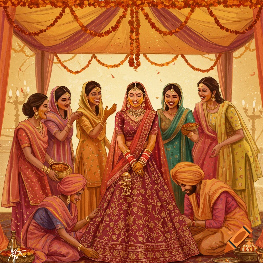 A Punjabi bride performing a haldi ceremony with bridesmaids under a decorated canopy.