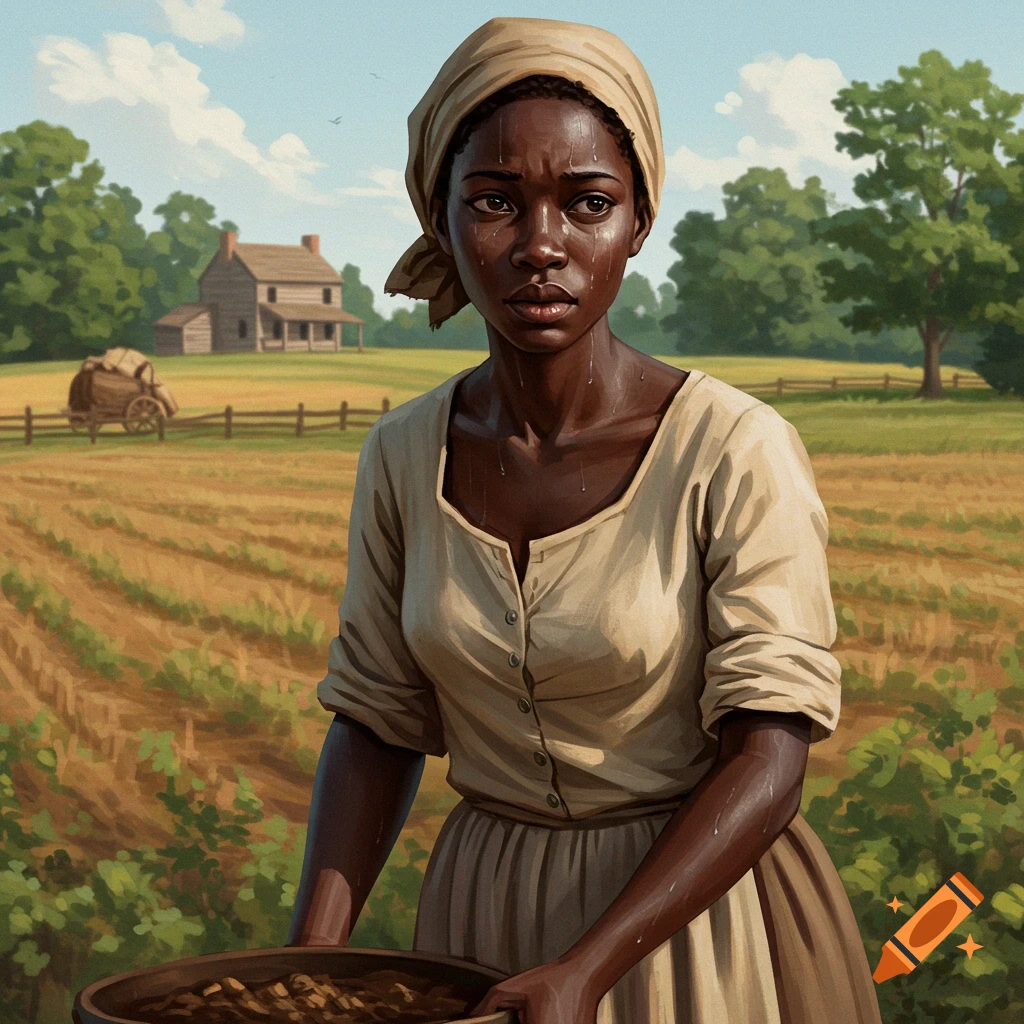 A woman is shown holding a bowl in a field with a house in the background.