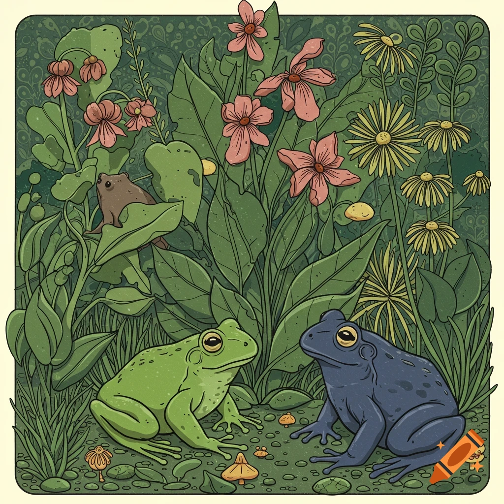 Vector illustration of three frogs among plants and flowers in a garden.