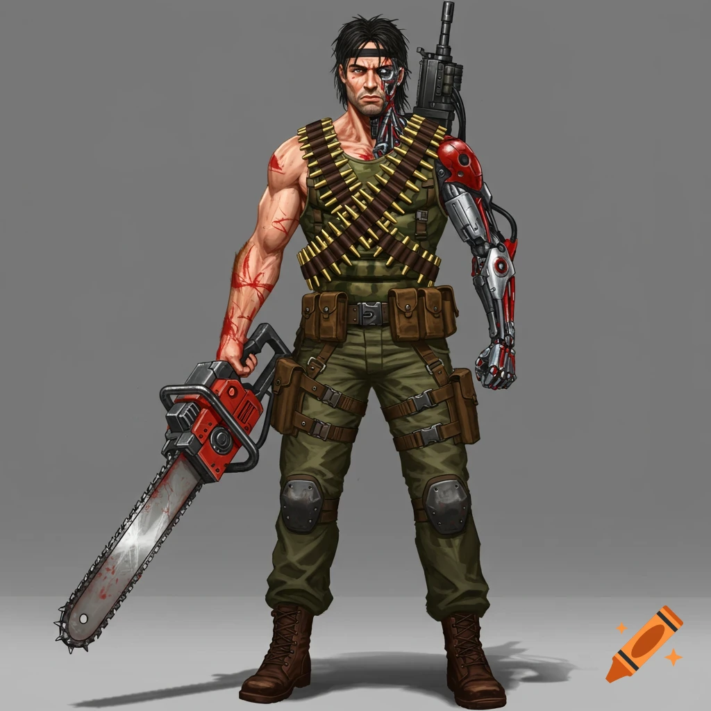 A cyborg soldier, equipped with a chainsaw, machine gun, and a bullet belt.