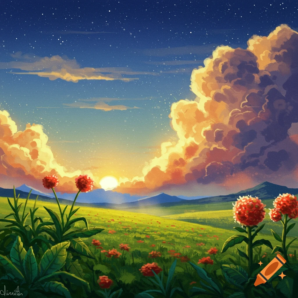 Illustrated landscape with red flowers, rolling hills, dramatic clouds, and a bright sun.