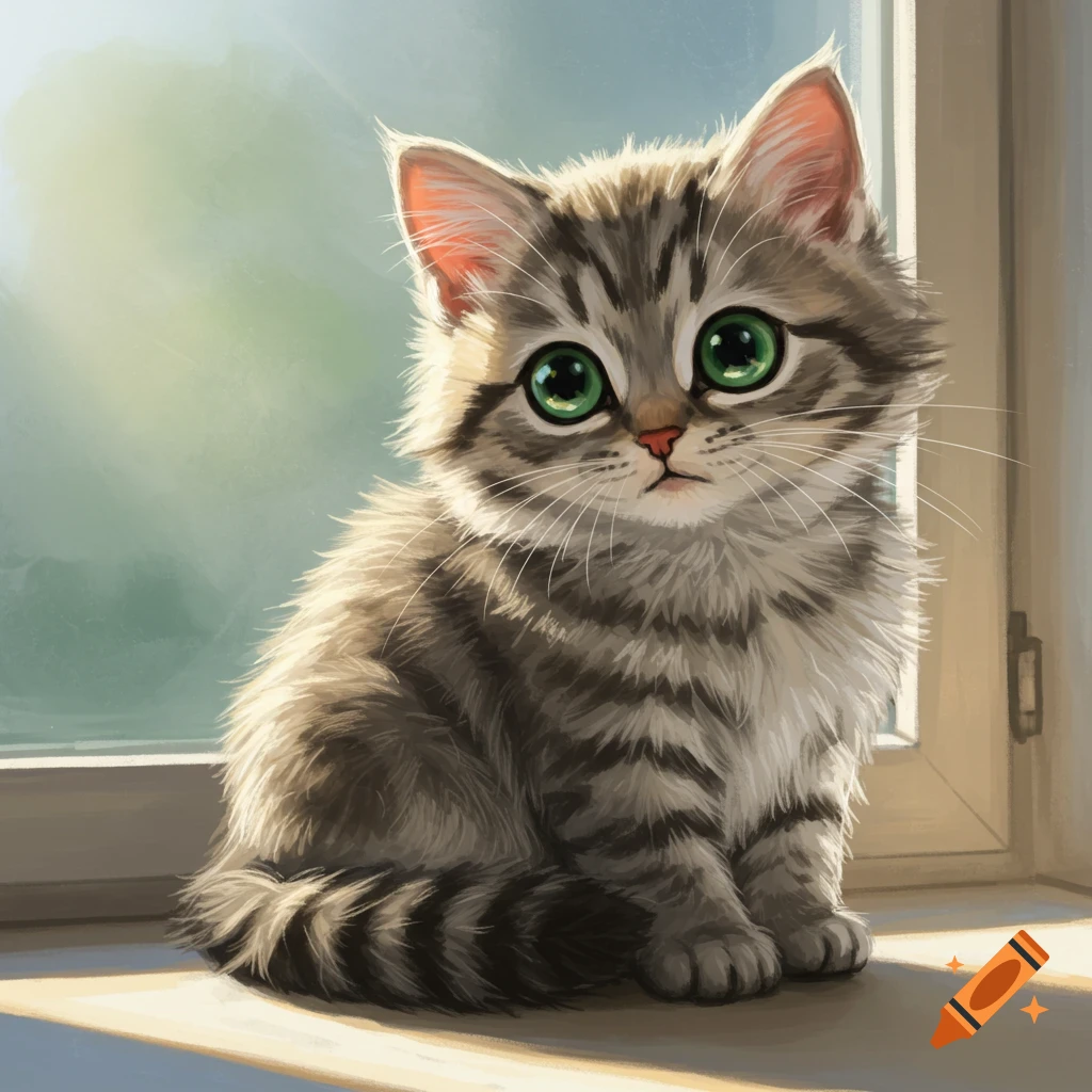 A cute tabby kitten with big green eyes sits on a window sill.