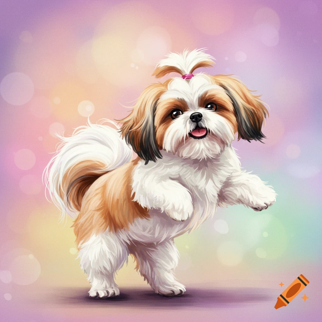 A Shih Tzu dog dancing on a colorful background.