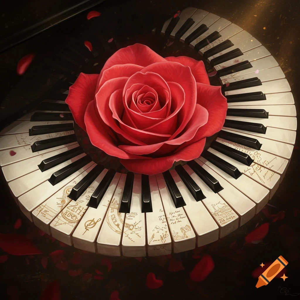 A red rose rests on spiraling piano keys, with petals scattered around it.