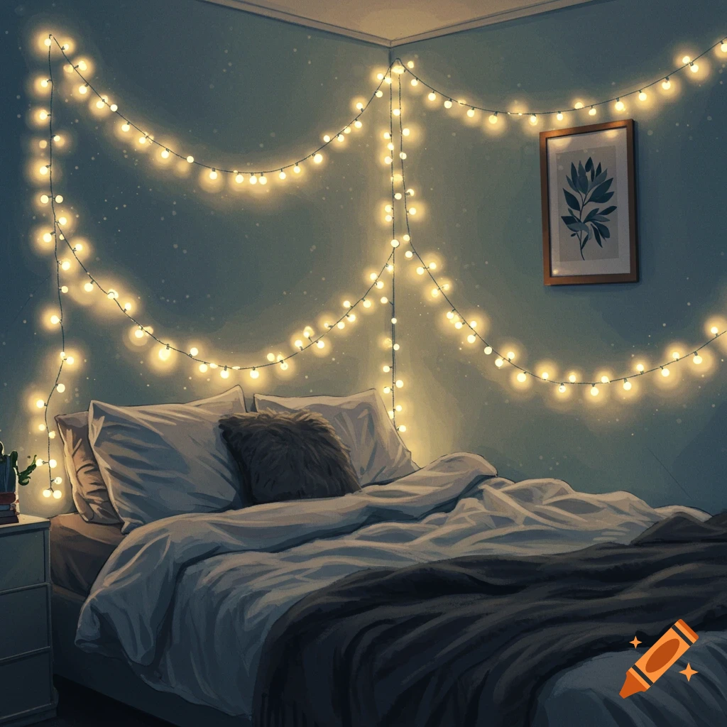 A cozy bedroom with light blue walls illuminated by hanging fairy lights over the bed.