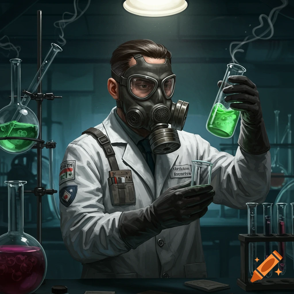 A scientist wearing a gas mask and lab coat, holding beakers with liquids in a laboratory.