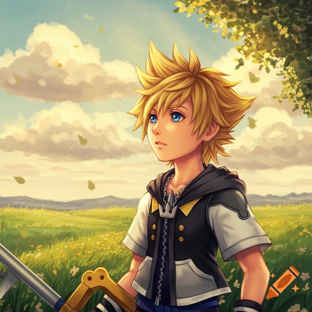 Anime boy (Roxas) in a field in Studio Ghibli style
