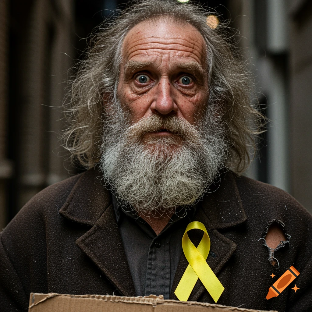 Street photo of an older man with a grey beard, wearing a torn jacket with a yellow ribbon pinned to it, holding cardboard.