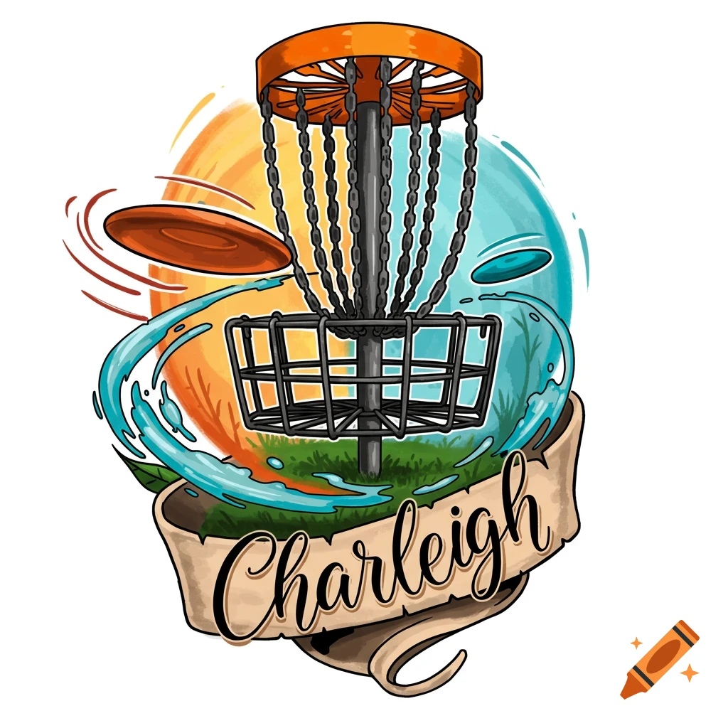Digital illustration of a disc golf basket and disc with a banner reading 'Charleigh'