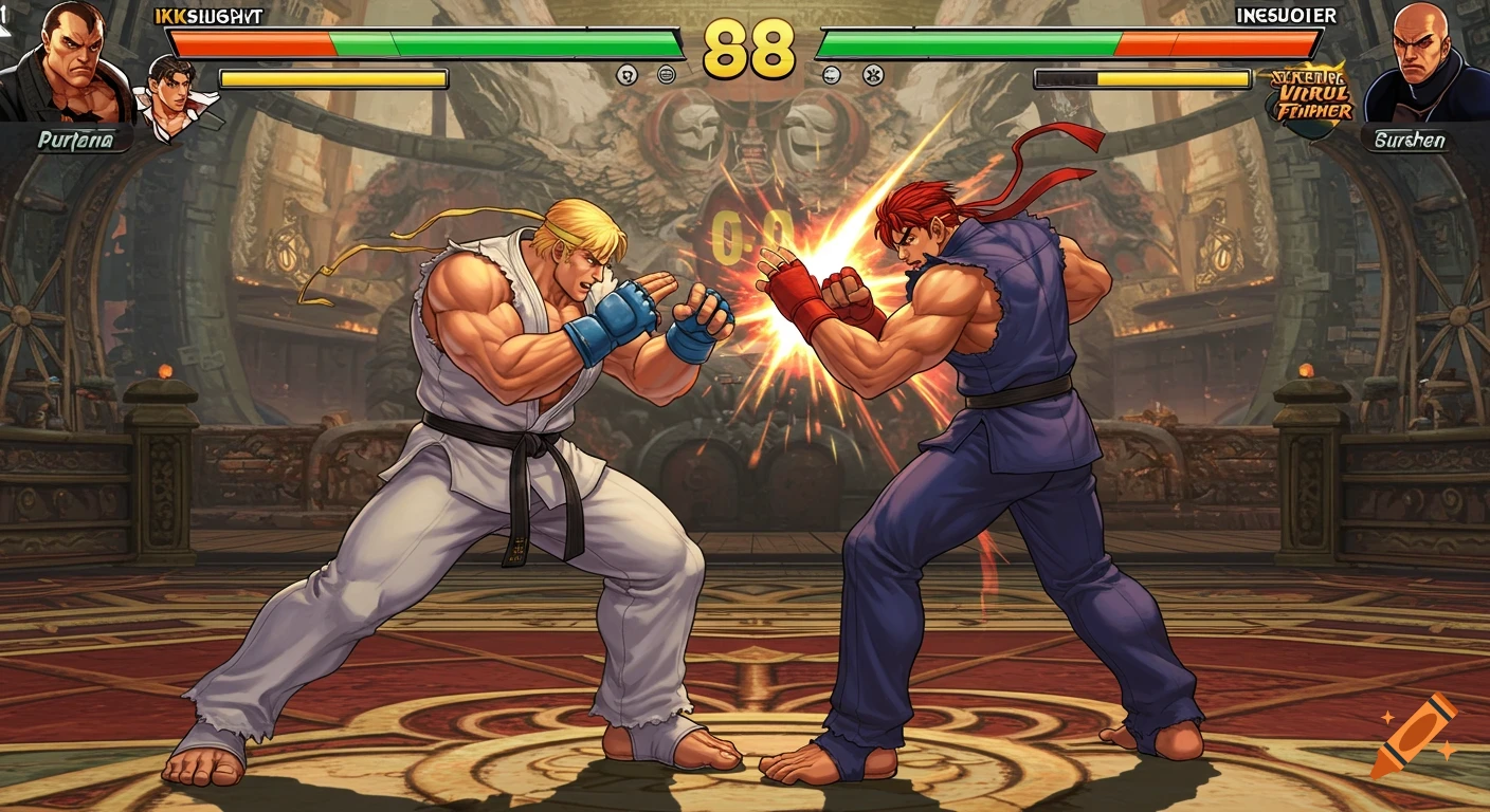 Two anime-style fighters are shown within a video game interface, mid-fight