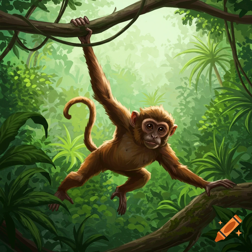A brown monkey swings from a vine in a lush green jungle.