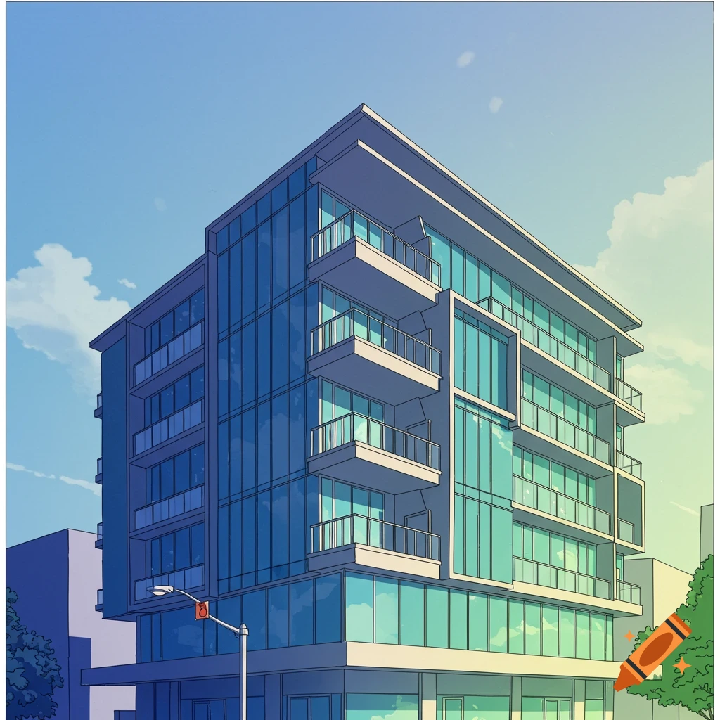 Anime style illustration of a modern glass building against a blue sky.