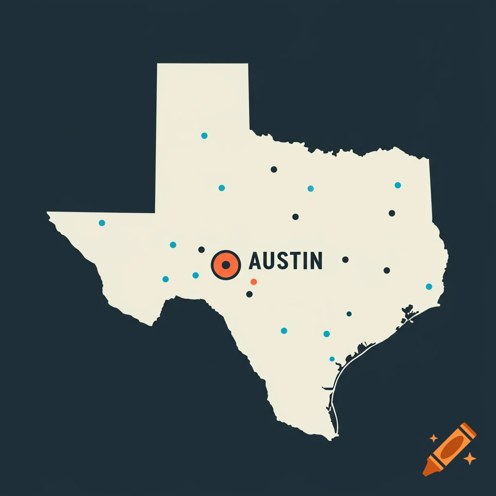 Vector map of Texas highlighting Austin with colored dots.