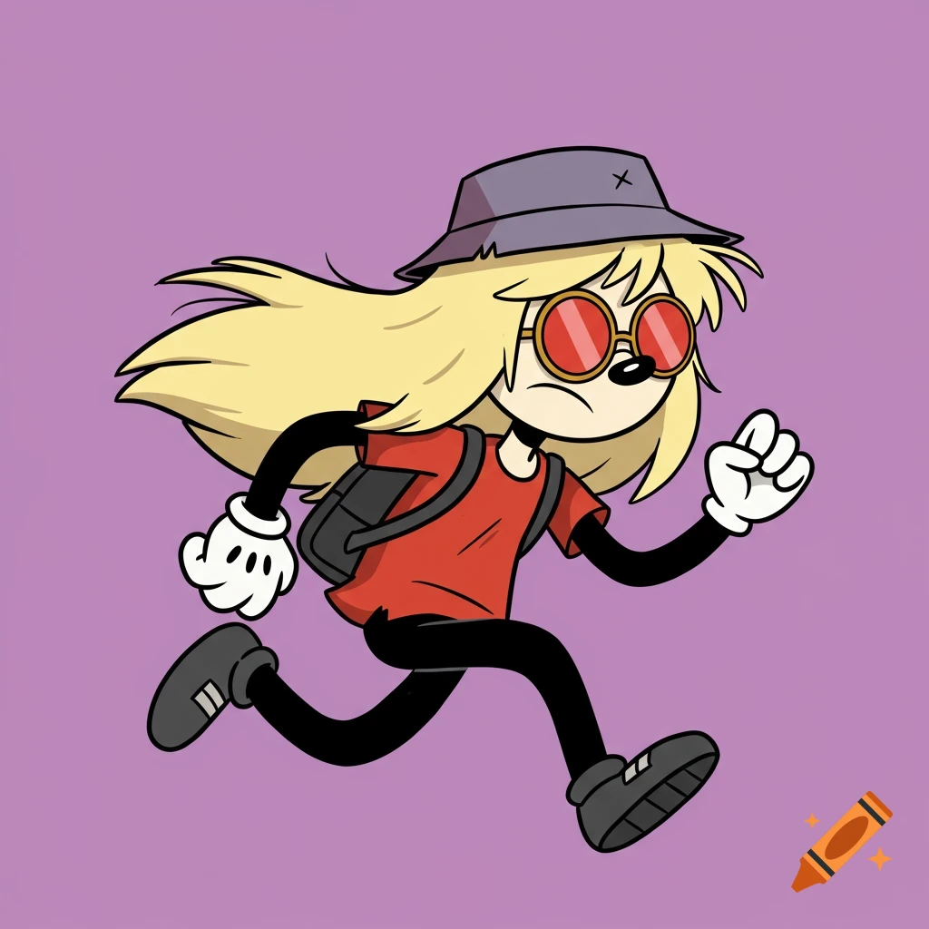 Cell-shaded cartoon character like Cousin Itt running, wearing a hat, sunglasses, backpack, and cartoon gloves.