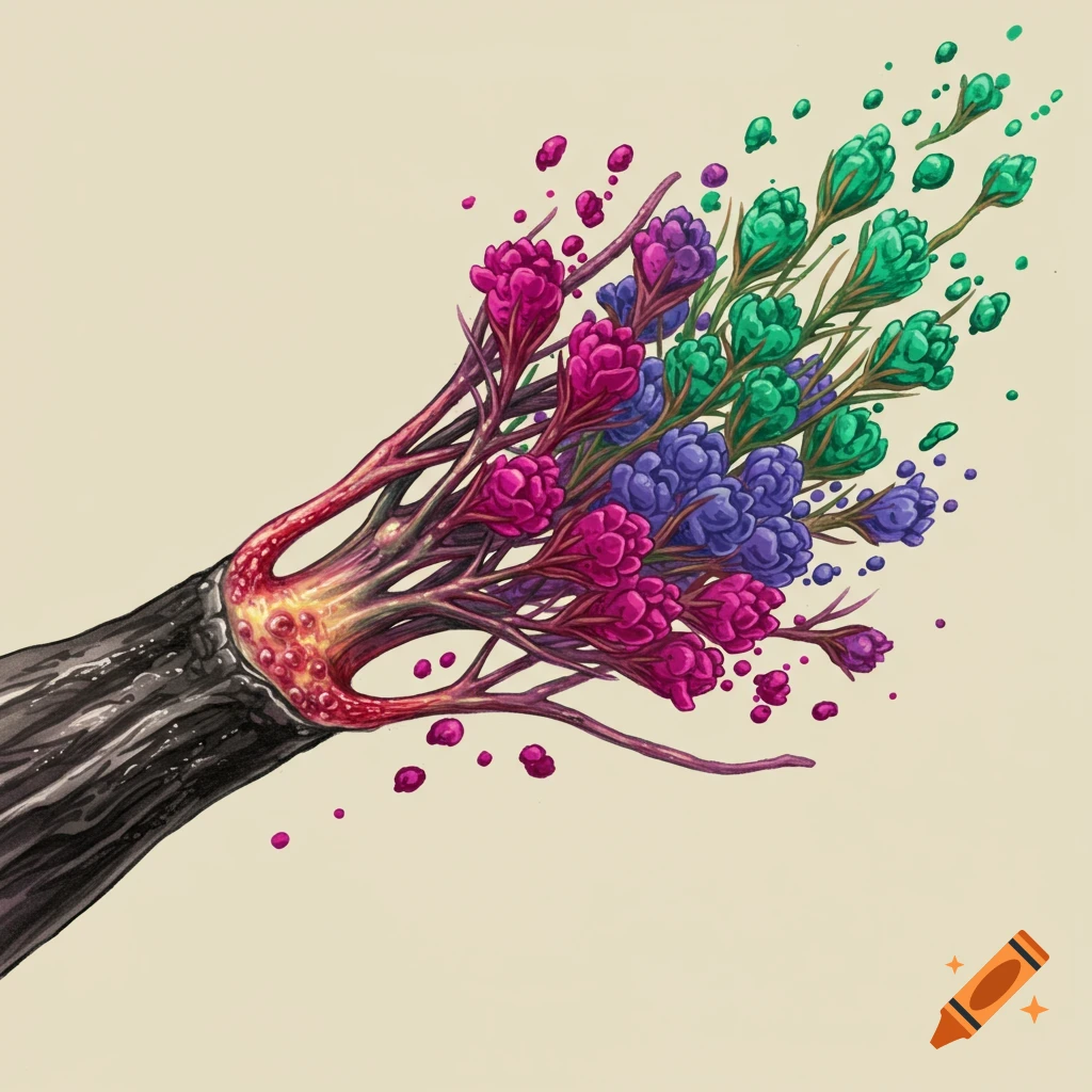 A dark nerve structure healing into pink, purple, and green flower buds with splashes.