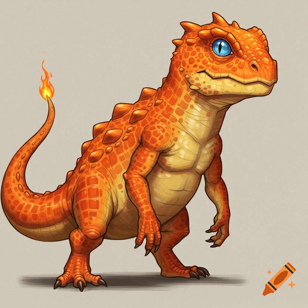 An orange bipedal reptilian creature with blue eyes and a flaming tail.