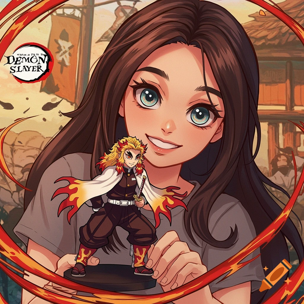 Anime style illustration of a girl holding a Demon Slayer Rengoku figure.