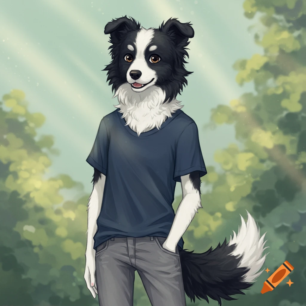 An anthropomorphic Border Collie in a blue t-shirt and grey pants standing in a park.
