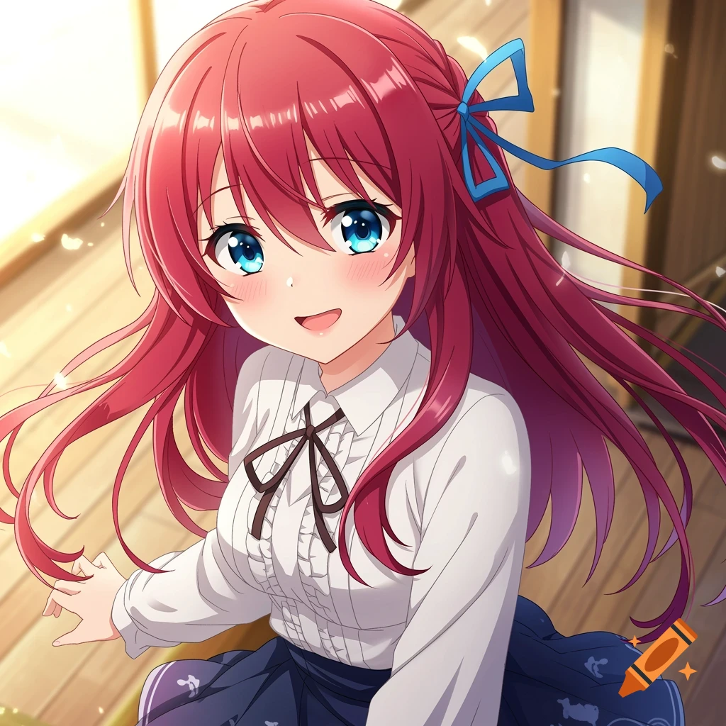 Anime girl with red hair and blue eyes smiling in a white blouse and blue skirt.