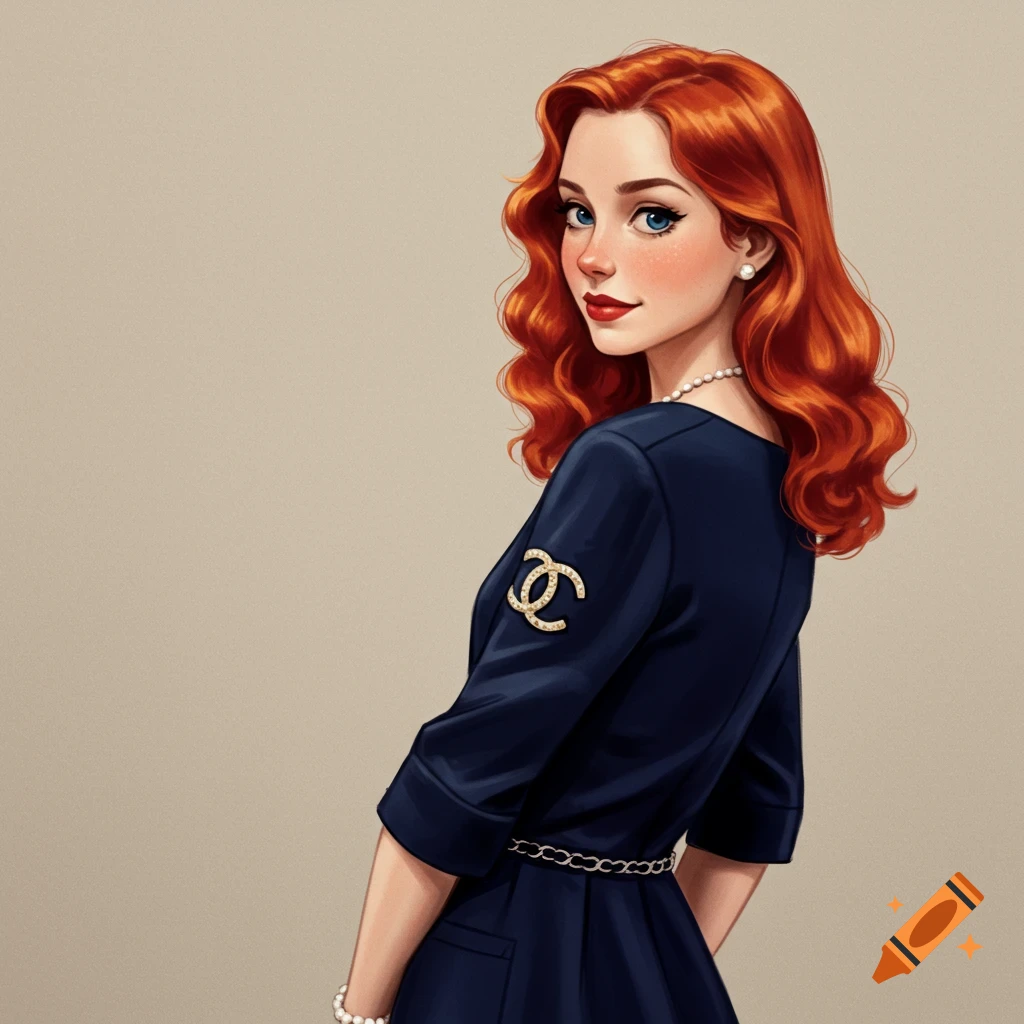 A woman with red hair wearing a dark blue dress with a logo and pearls.