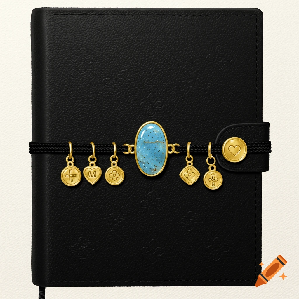 A black leather notebook with an elastic band holding gold charms and a blue stone.