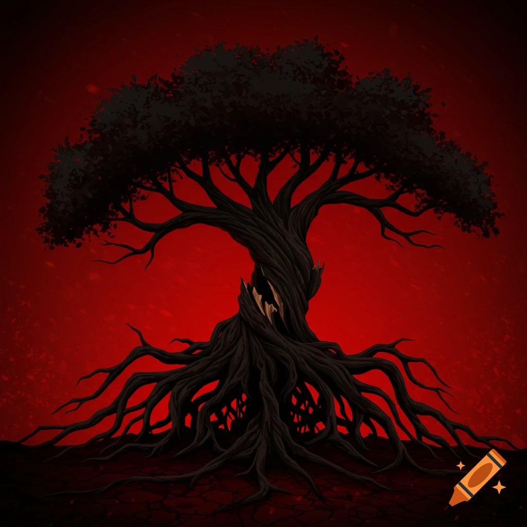 A dark, gnarled tree with twisting roots and cracked trunk against a red background.