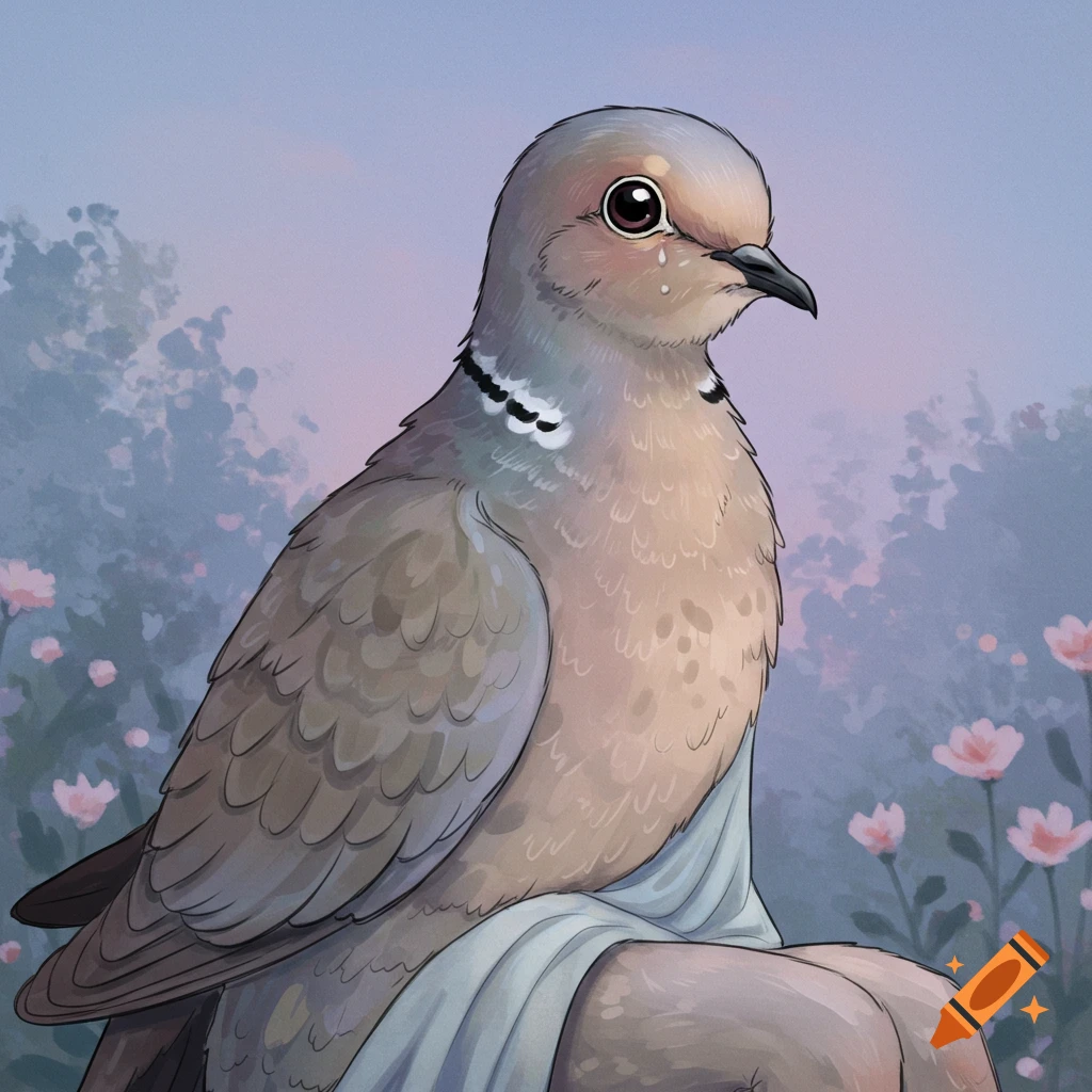 A mourning dove perches on a person's shoulder in a garden.