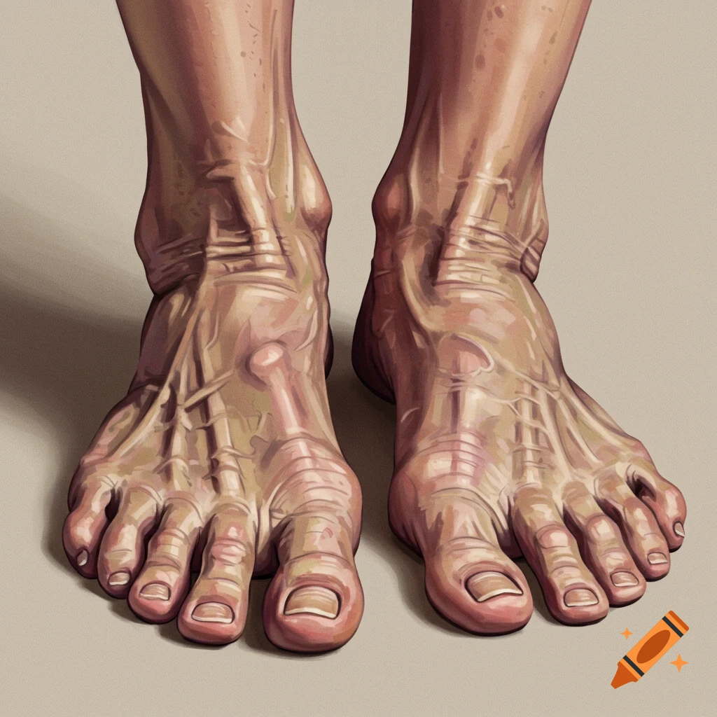 A pair of wrinkled feet with long toes.