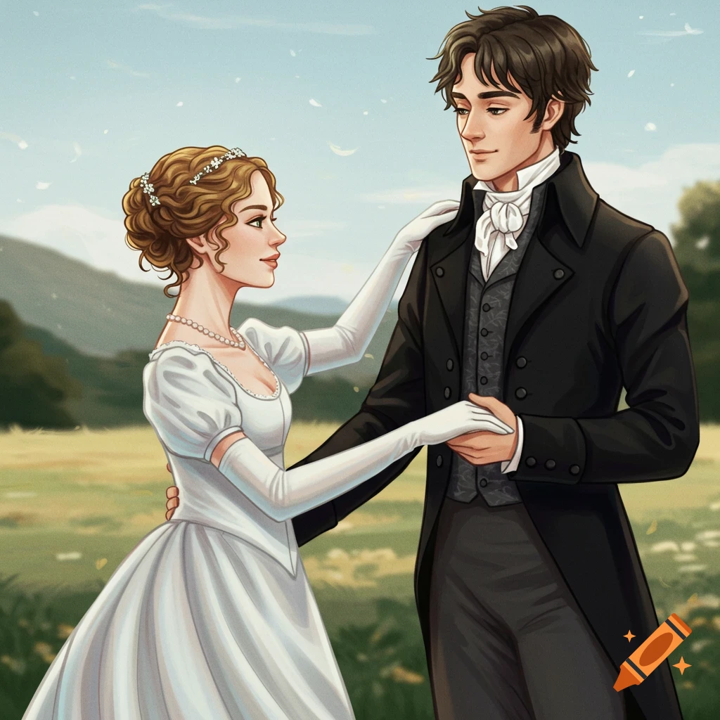 An illustration of a couple in historical dress dancing in a grassy field.
