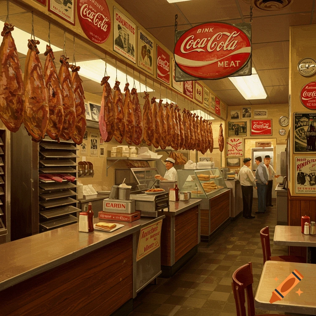 A busy deli interior with hanging meat, counters, and vintage Coca-Cola signs.