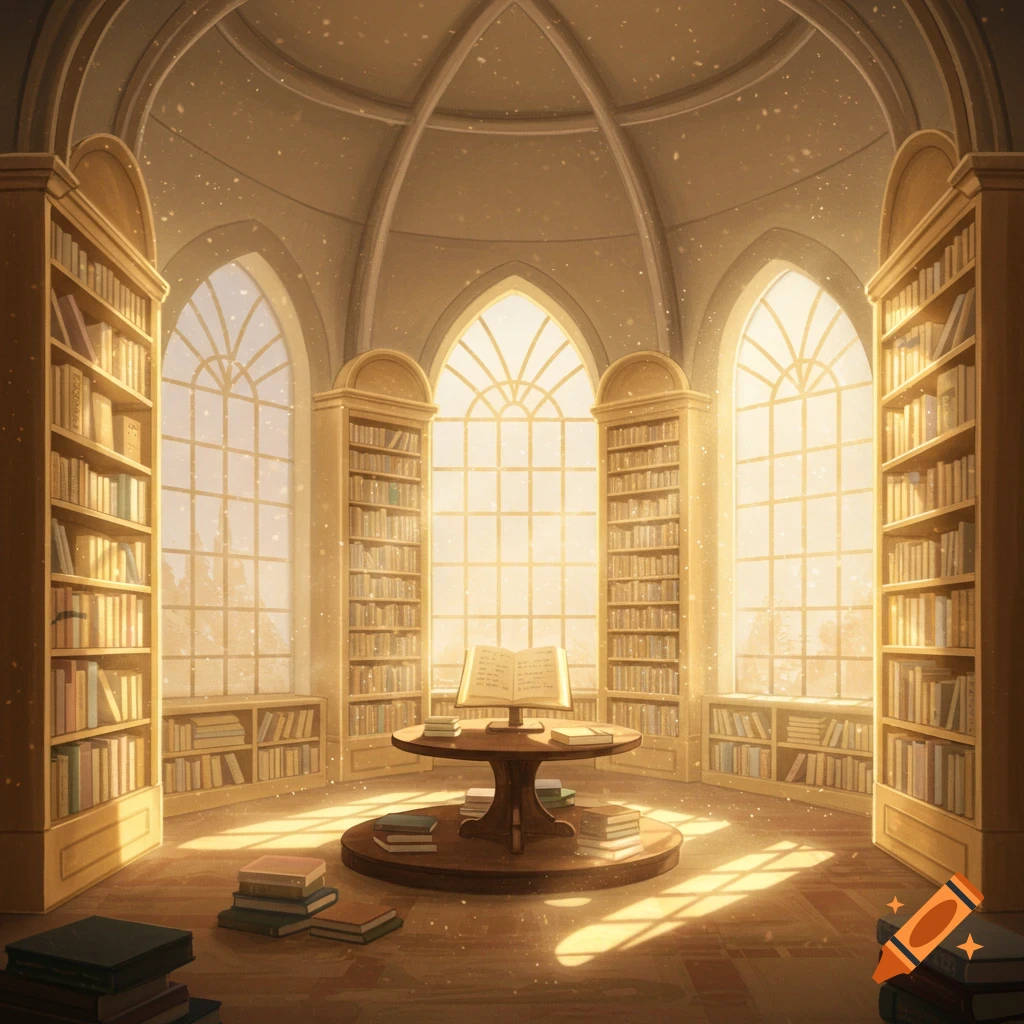 A grand library room with tall bookshelves, arched windows, and sunlight illuminating a table with an open book.