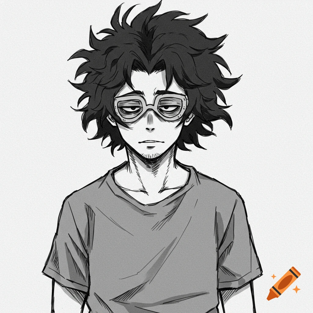 Black and white sketch of anime character Aizawa from My Hero Academia wearing goggles and a t-shirt.