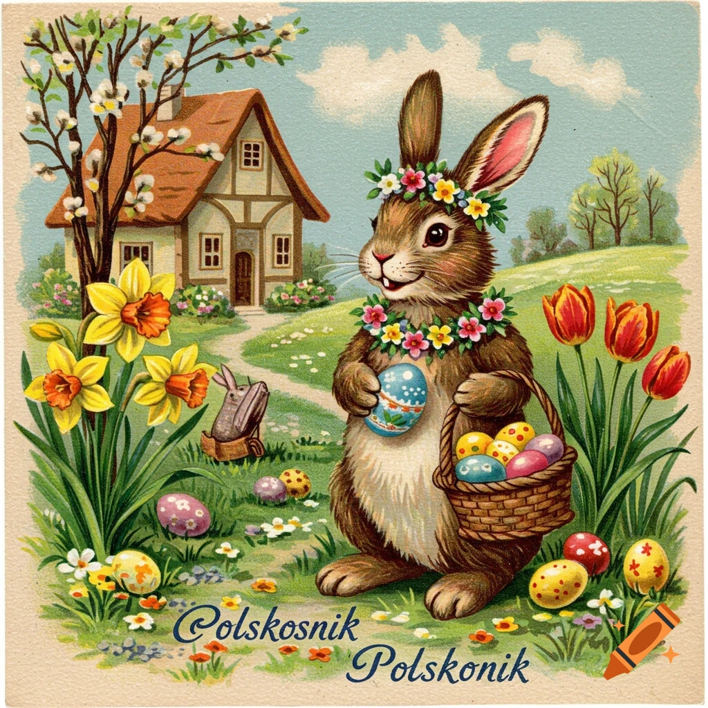 Vintage Easter illustration of a rabbit with a basket of eggs, flowers, and a cottage in the background.