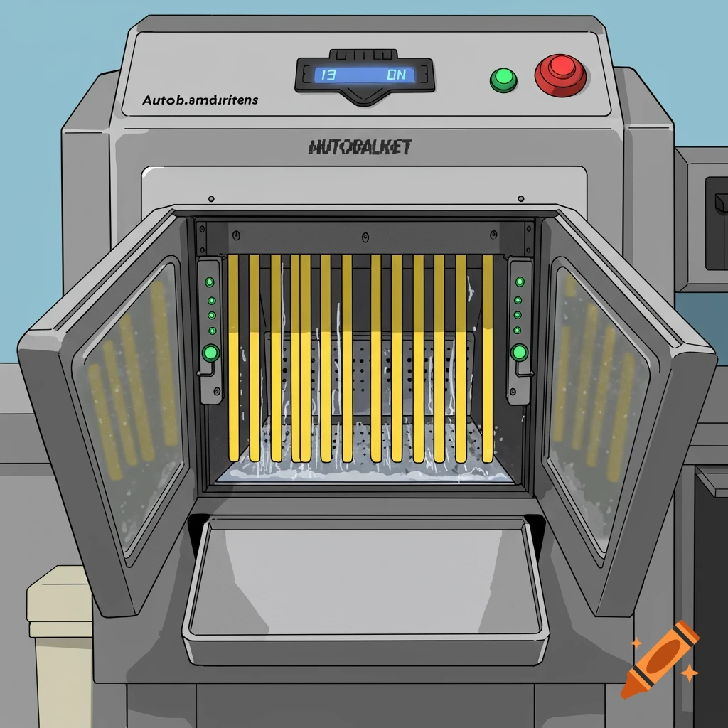 Cartoon illustration of a machine opening, showing vertical yellow bars and dripping liquid.