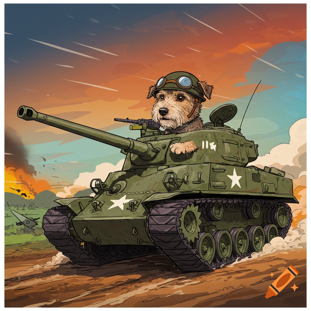 A dog in a helmet driving a military tank through a battlefield