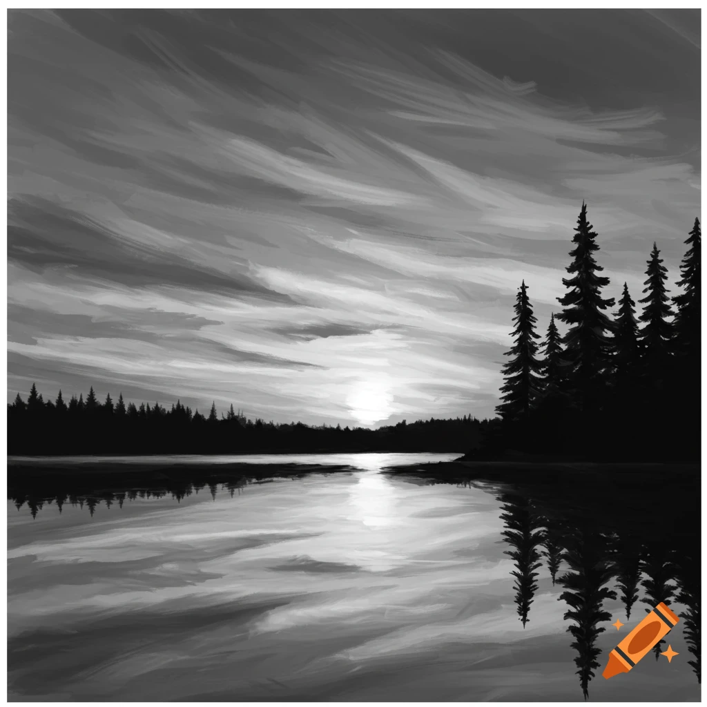 Monochrome image of a sunset over a lake with pine trees.