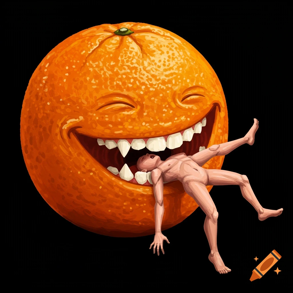 A grinning orange with sharp teeth holds a small naked human in its mouth.