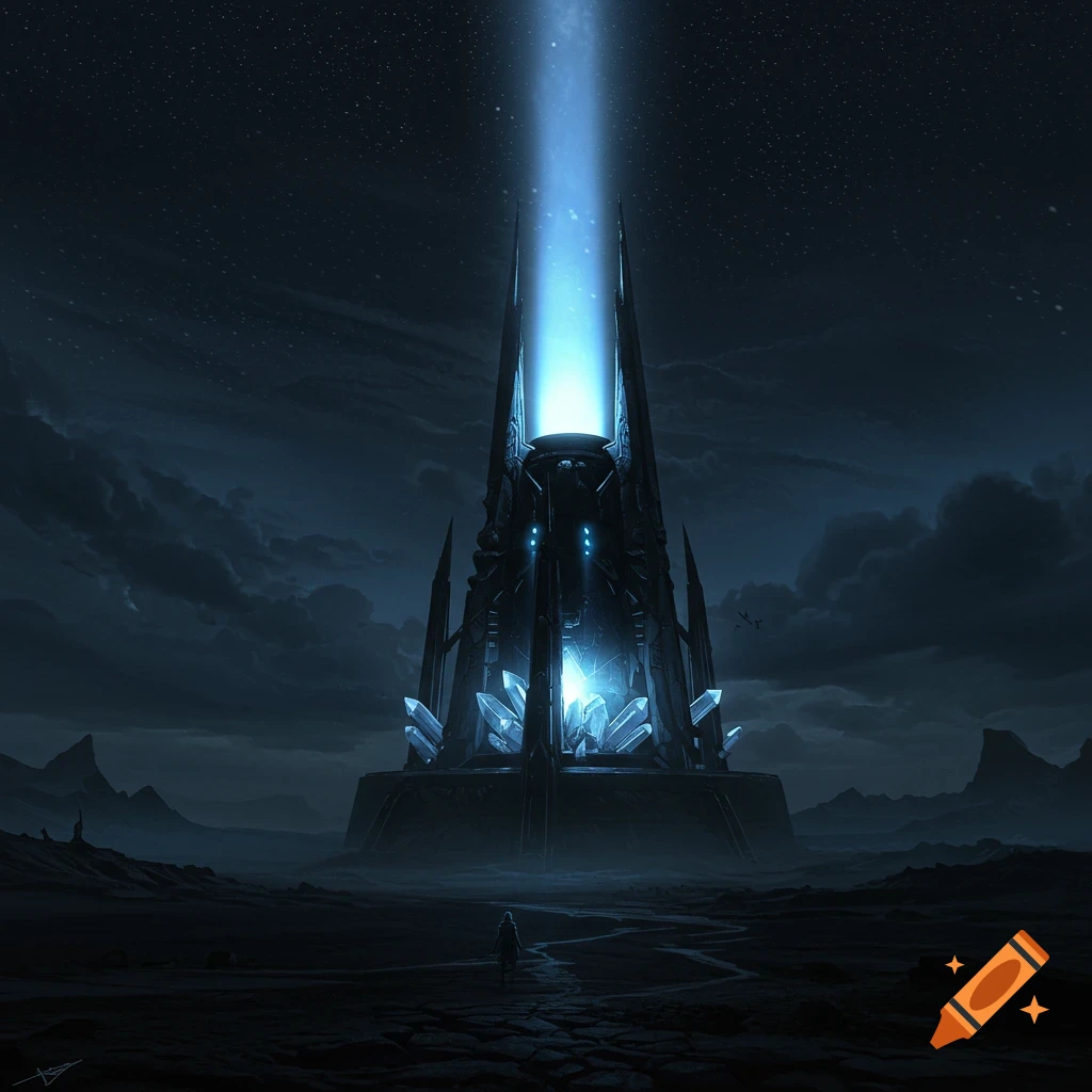 A dark fantasy tower emits a blue beacon light into a starry night sky, with a figure below.