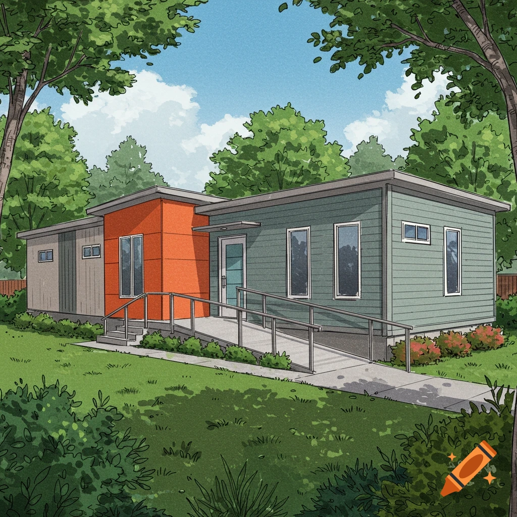 A modular home with a wheelchair ramp and landscaping