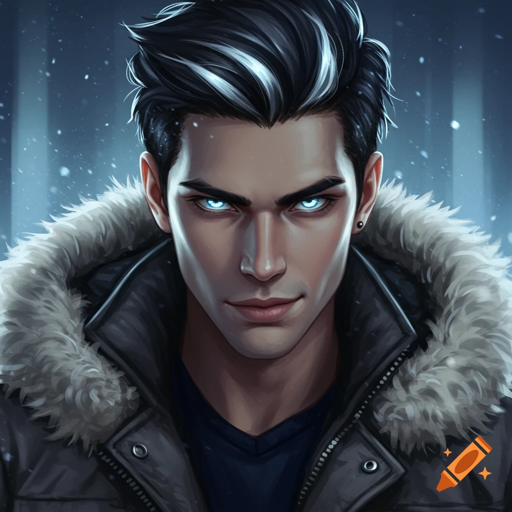 Painting of a man with icy blue eyes, dark hair with silver highlights, and a fur-trimmed jacket.