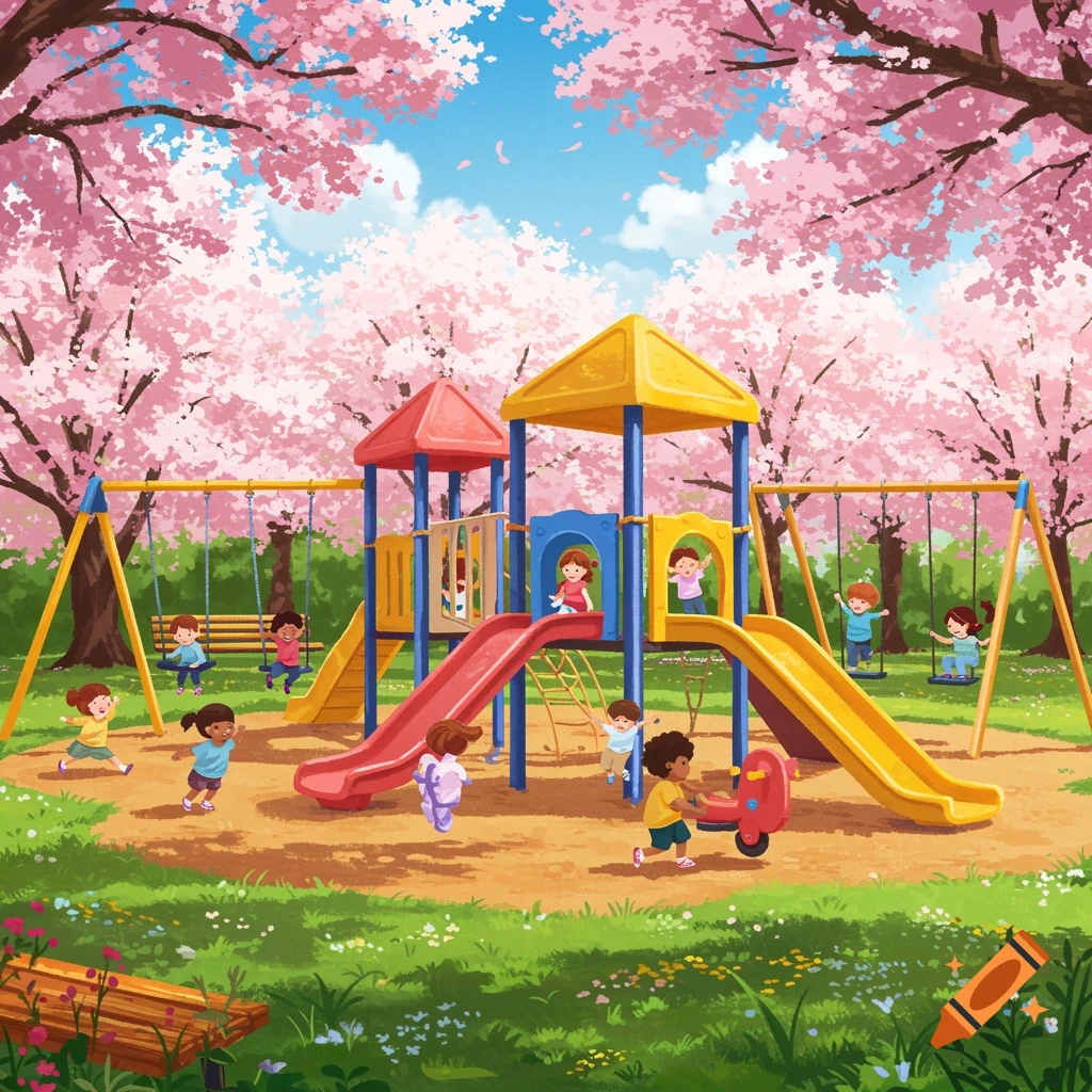 Children playing on a playground under blooming cherry blossom trees in spring.