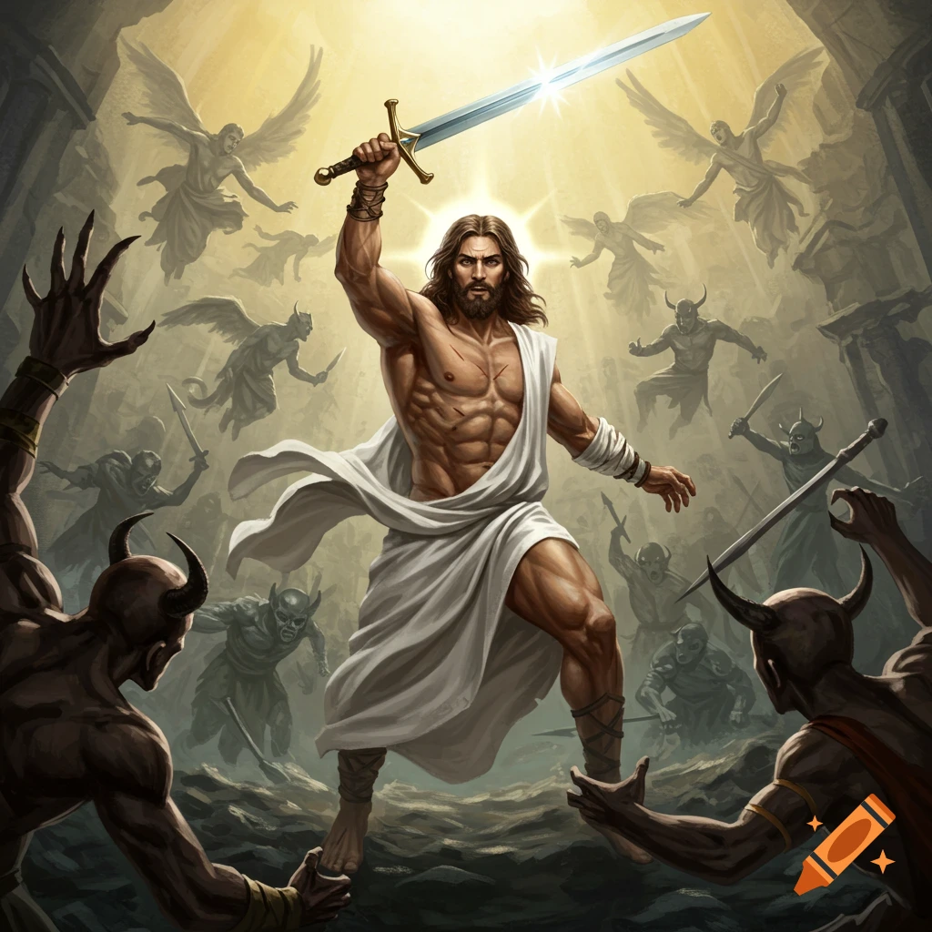 Jesus fighting demons while angels look on