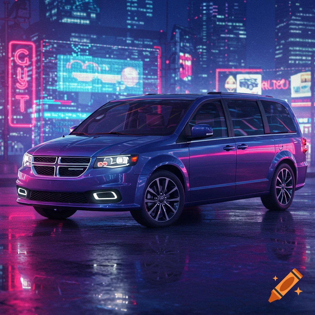 A blue minivan parked in a futuristic city with neon lights reflecting on the wet ground.