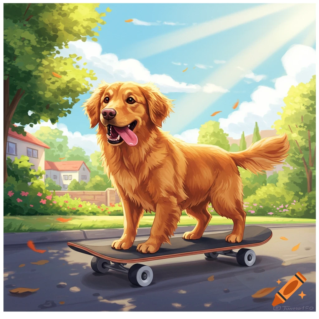 A happy golden retriever dog rides a skateboard down a street.
