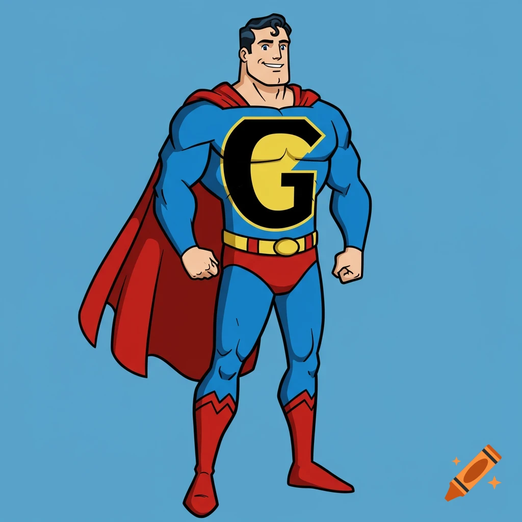 A cartoon superhero in a blue suit with a red cape and boots stands against a blue background, featuring a large yellow 'G' on the chest.