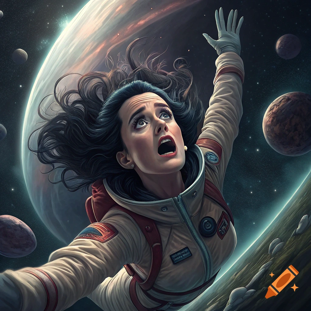 Astronaut woman looks scared while floating in space near a planet, reaching out.