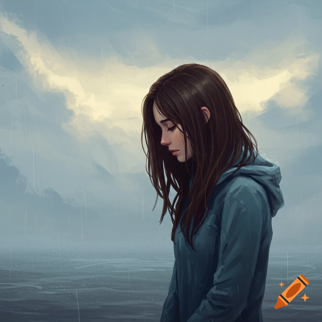 A young woman is looking down sadly in the rain