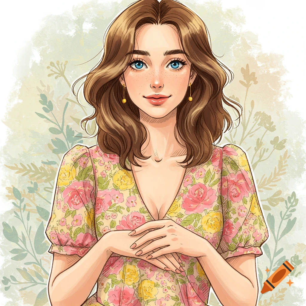 Illustration of a young woman in a floral dress